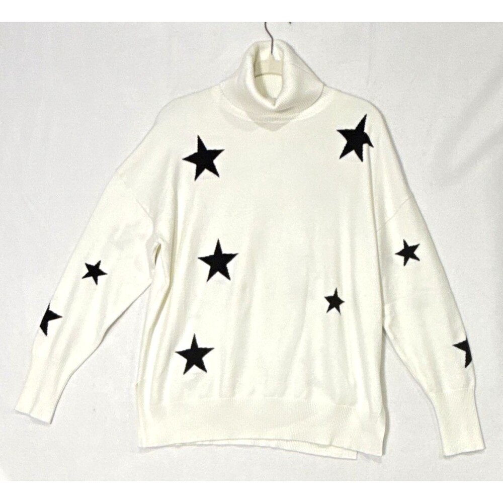 Sweet Romeo Sz XL White/Black Stars Turtleneck Pullover Sweater Comfy Whimsigoth